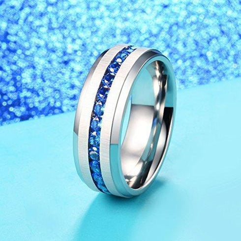 Men's 8mm Brushed Titanium Steel Blue Sapphire CZ Comfort-Fit Wedding Band